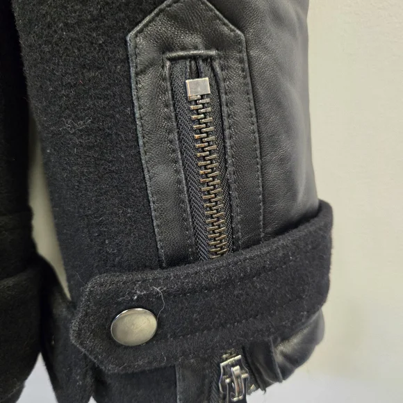 Classic Black Leather And Wool Jacket for Women - Picture 3 of 6